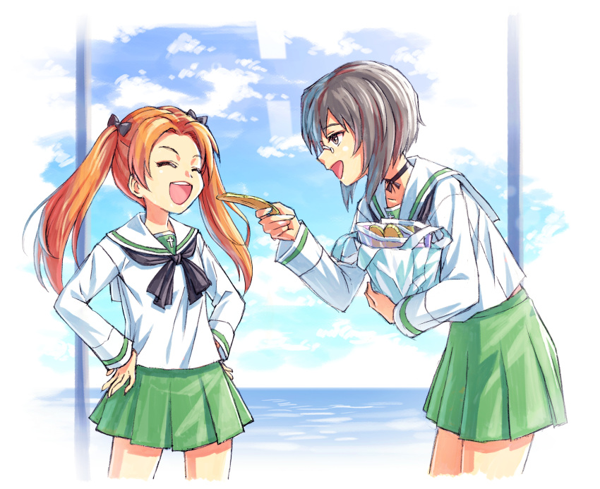 2girls :d black_bow black_neckwear black_ribbon bow brown_hair choker closed_eyes collarbone cropped_legs feeding floating_hair girls_und_panzer green_skirt grey_hair hair_bow hands_on_hips highres kadotani_anzu kawashima_momo leaning_forward long_sleeves mechanical_pencil miniskirt multiple_girls ocean open_mouth pencil pleated_skirt ribbon ribbon_choker rimless_eyewear sailor_collar shirt short_hair sinsin719 skirt smile standing twintails white_background white_sailor_collar white_shirt