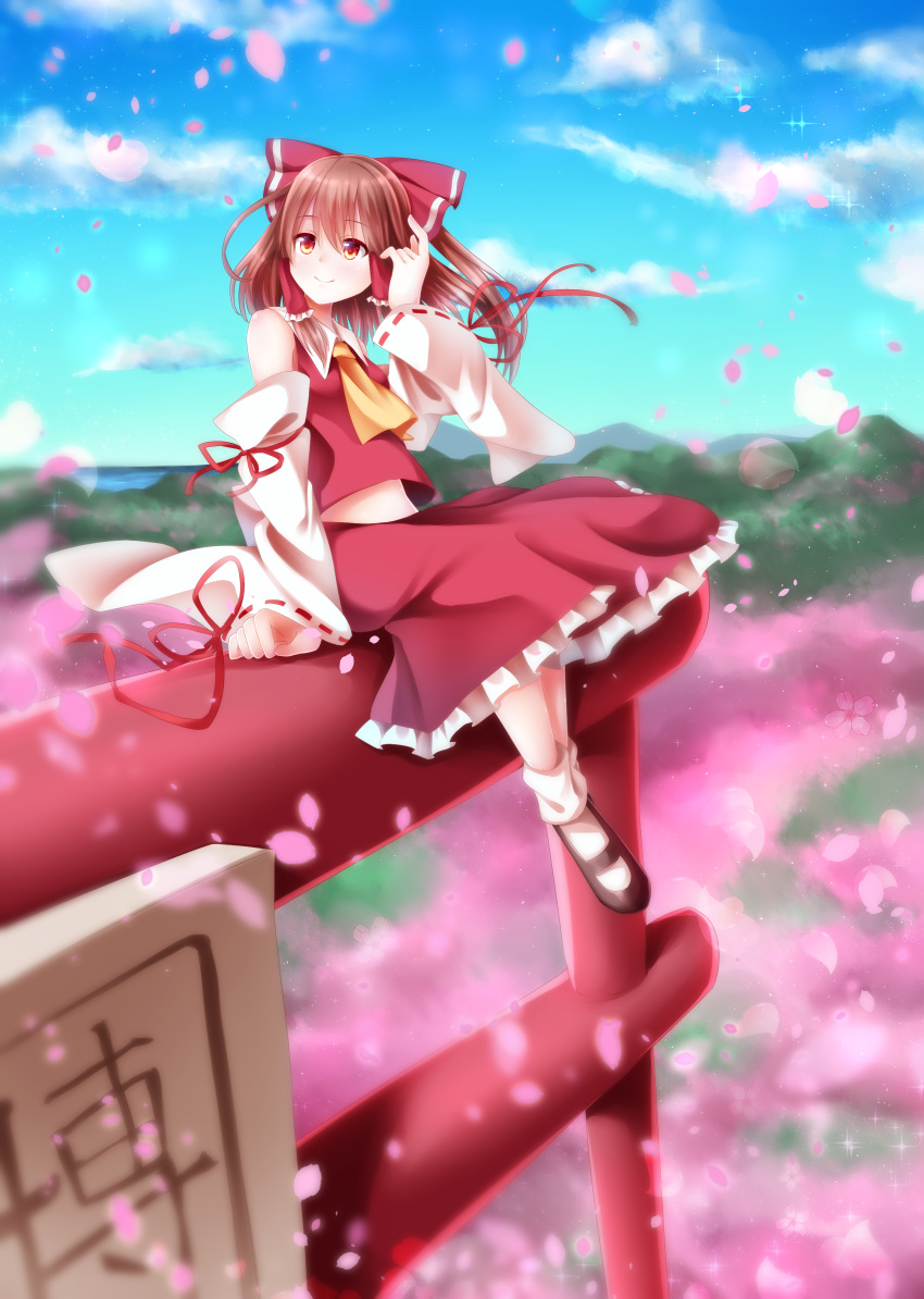 1girl absurdres black_footwear blue_sky blurry blurry_background bow brown_eyes brown_hair bush cherry_blossoms clouds day detached_sleeves floating_hair frilled_skirt frills full_body hair_between_eyes hair_bow hakurei_reimu highres long_hair long_skirt long_sleeves mary_janes midriff outdoors red_bow red_ribbon red_shirt red_skirt ribbon ribbon-trimmed_sleeves ribbon_trim sea_scorpion_(umisasori) shiny shiny_hair shirt shoes sitting skirt sky sleeveless sleeveless_shirt smile solo sparkle stomach touhou white_legwear white_sleeves yellow_neckwear