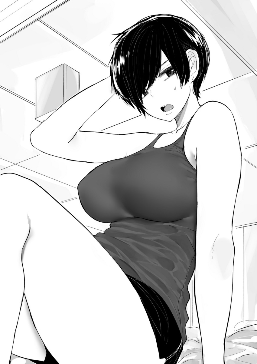 1girl arm_behind_head breasts commentary english_commentary greyscale gym_shorts highres impossible_clothes impossible_shirt large_breasts looking_at_viewer monochrome norman_maggot olive_laurentia open_mouth original pixie_cut shirt short_hair shorts sitting solo sweat tank_top