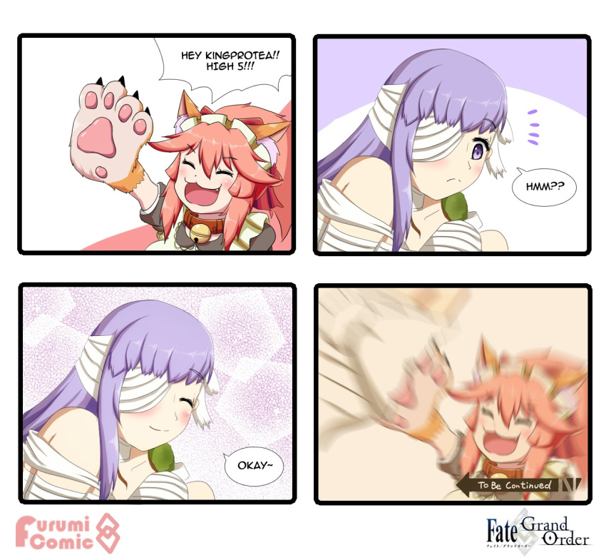 2girls 4koma animal_ear_fluff animal_ears apron bandage bandage_over_one_eye bandaged_arm bandaged_head bandaged_leg bandages bell bell_collar blush cat_paws collar comic english_text fate/grand_order fate_(series) fox_ears fox_girl giantess gloves highres jingle_bell jojo_no_kimyou_na_bouken keita_naruzawa kingprotea long_hair maid_headdress moss multiple_girls open_mouth paw_gloves paws pink_hair purple_hair smile tamamo_(fate)_(all) tamamo_cat_(fate) to_be_continued very_long_hair violet_eyes