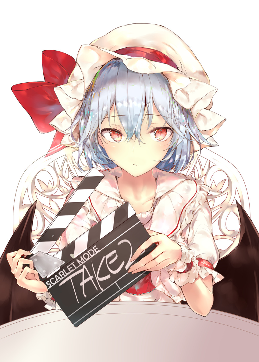 1girl bangs bat_wings blue_hair blush bow chair clapperboard collarbone commentary_request dress frilled_shirt_collar frills hair_between_eyes hat hat_bow highres holding looking_at_viewer mob_cap puffy_short_sleeves puffy_sleeves red_bow red_eyes red_sash remilia_scarlet sakusyo short_hair short_sleeves simple_background solo table touhou upper_body white_background white_dress white_hat wings wrist_cuffs