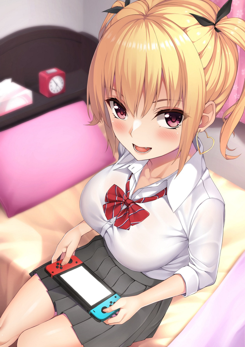 1girl alarm_clock bangs bed black_ribbon blonde_hair bow breasts clock collarbone collared_shirt dress_shirt fang foreshortening grey_skirt gyaru hair_ribbon highres large_breasts long_sleeves looking_at_viewer miniskirt nintendo_switch on_bed open_mouth original pink_lips playing_games pleated_skirt red_bow ribbon school_uniform shirt sitting skirt sleeves_folded_up solo takocha tissue_box twintails violet_eyes white_shirt