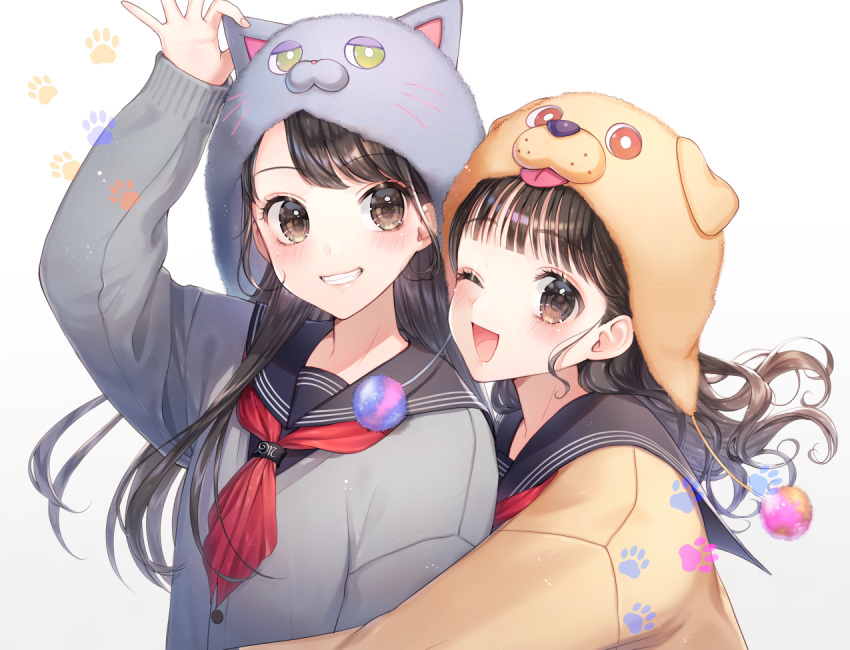 2girls ;d animal_ears animal_hat arm_up bangs black_sailor_collar blush brown_background brown_cardigan brown_eyes brown_hair brown_hat cat_ears cat_hat commentary_request dog_ears dog_hat eyebrows_visible_through_hair fingernails gradient gradient_background grey_cardigan grin hat hug hug_from_behind long_hair momoshiki_tsubaki multiple_girls one_eye_closed open_mouth original red_neckwear revision sailor_collar school_uniform serafuku sleeves_past_wrists smile upper_body white_background