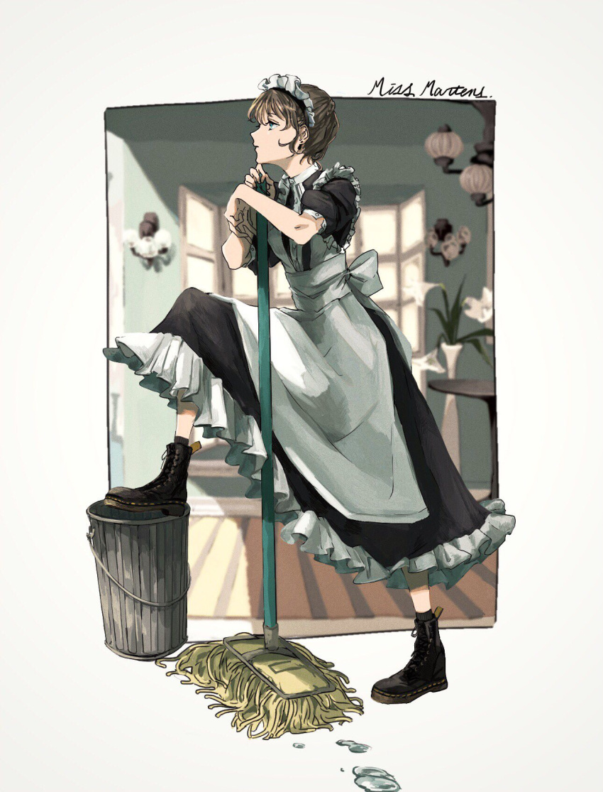 1girl apron arm_rest blue_eyes brown_hair commentary_request highres jyagaricoeater leg_up looking_to_the_side maid maid_apron maid_headdress mop original puffy_short_sleeves puffy_sleeves short_hair short_sleeves solo trash_can