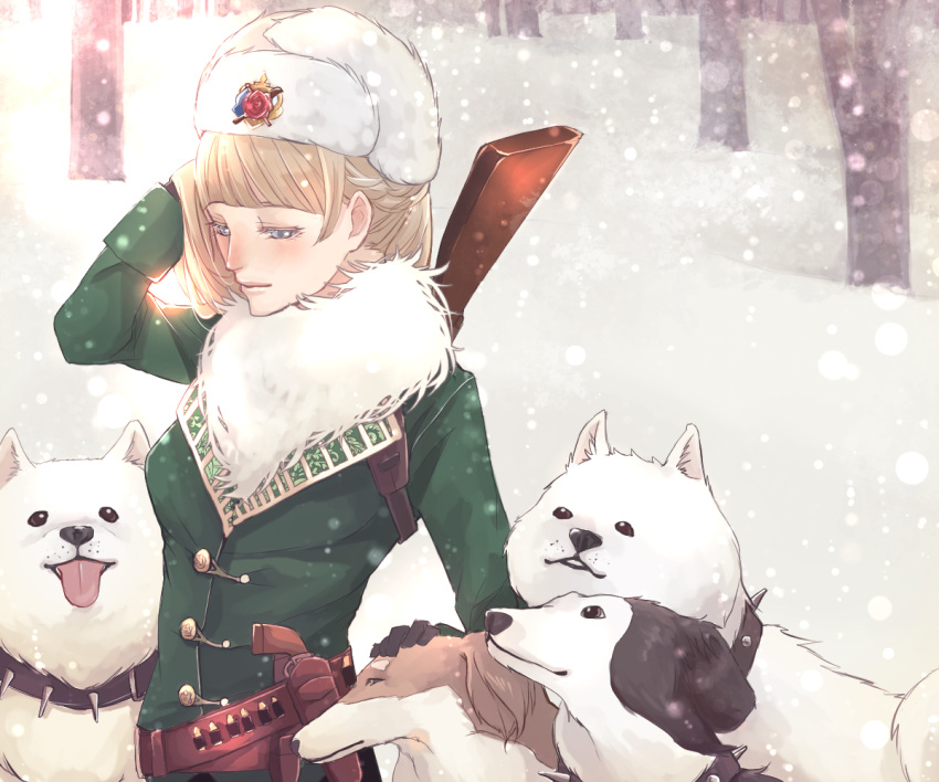 1girl ammunition_belt arikawa_anri bare_tree black_eyes blonde_hair blue_eyes collar dog dog_request fur_trim green_coat gun hat holster looking_at_viewer medium_hair nengajou new_year original outdoors petting princess snowing spiked_collar spikes tongue tongue_out tree weapon white_hat