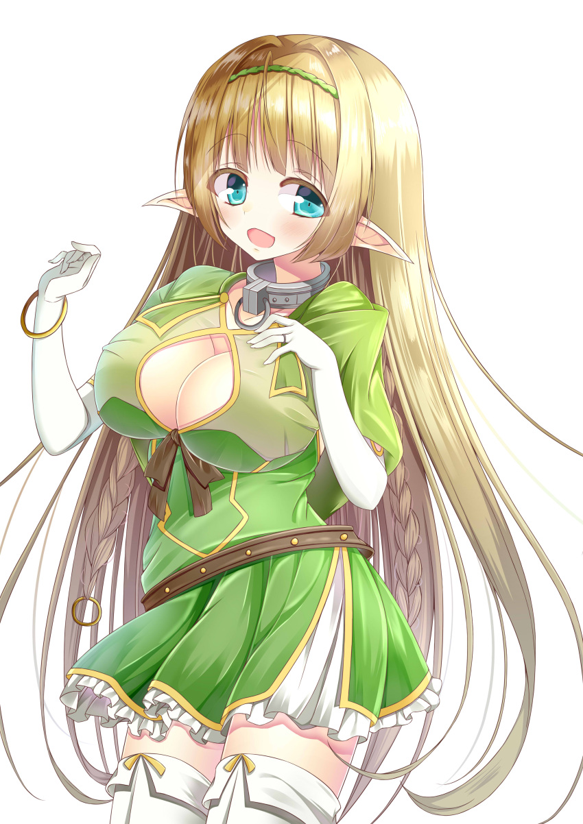 10s 1girl absurdres artist_request blonde_hair blue_eyes blush breasts cleavage cleavage_cutout collar elbow_gloves elf gloves hairband highres isekai_maou_to_shoukan_shoujo_dorei_majutsu large_breasts long_hair looking_at_viewer metal_collar open_mouth pointy_ears shera_l_greenwood smile solo thigh-highs white_gloves