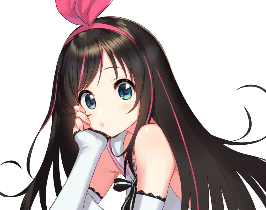 1girl :/ a.i._channel aqua_eyes bangs bare_shoulders brown_hair closed_mouth detached_sleeves eyebrows_visible_through_hair fingernails green322 hairband kizuna_ai long_hair long_sleeves looking_at_viewer multicolored_hair pink_hair pink_hairband ribbon sailor_collar simple_background sleeves_past_wrists solo straight_hair streaked_hair striped striped_ribbon swept_bangs two-tone_hair upper_body virtual_youtuber white_background white_sailor_collar