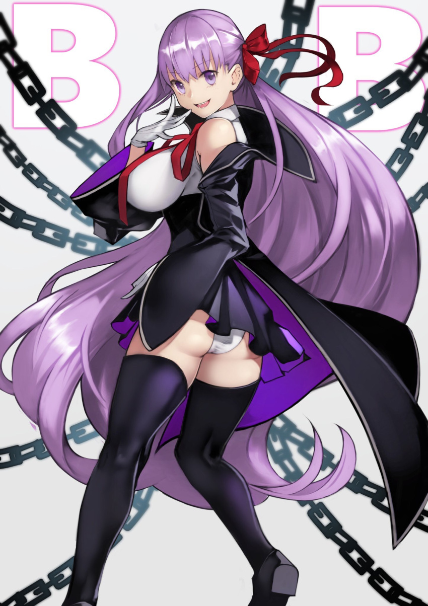 1girl 55level ass bangs bb_(fate)_(all) bb_(fate/extra_ccc) black_jacket black_legwear black_skirt breasts chains eyebrows_visible_through_hair fate/extra fate/extra_ccc fate/grand_order fate_(series) gloves hair_ribbon highres jacket large_breasts long_sleeves looking_at_viewer neck_ribbon panties pleated_skirt purple_hair red_neckwear red_ribbon ribbon skirt smile solo thigh-highs underwear violet_eyes white_gloves white_panties