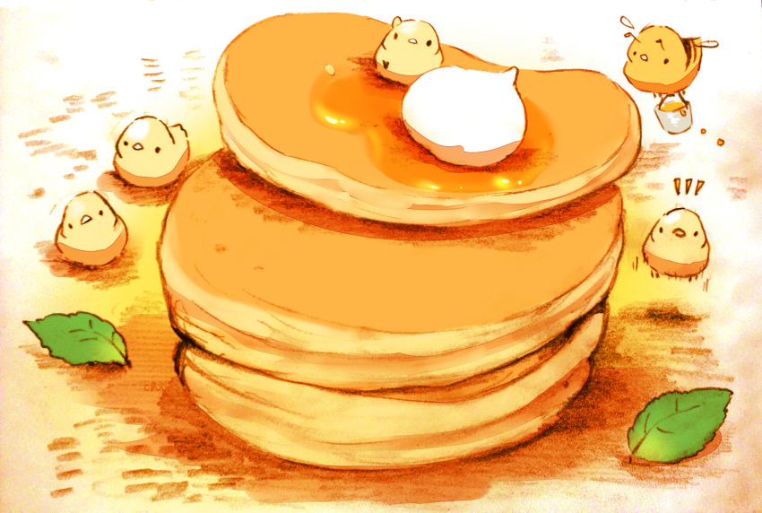 5others bee bird bucket bug chai commentary_request cream food head_tilt highres honey insect leaf looking_at_viewer multiple_others notice_lines original pancake sitting_on_food