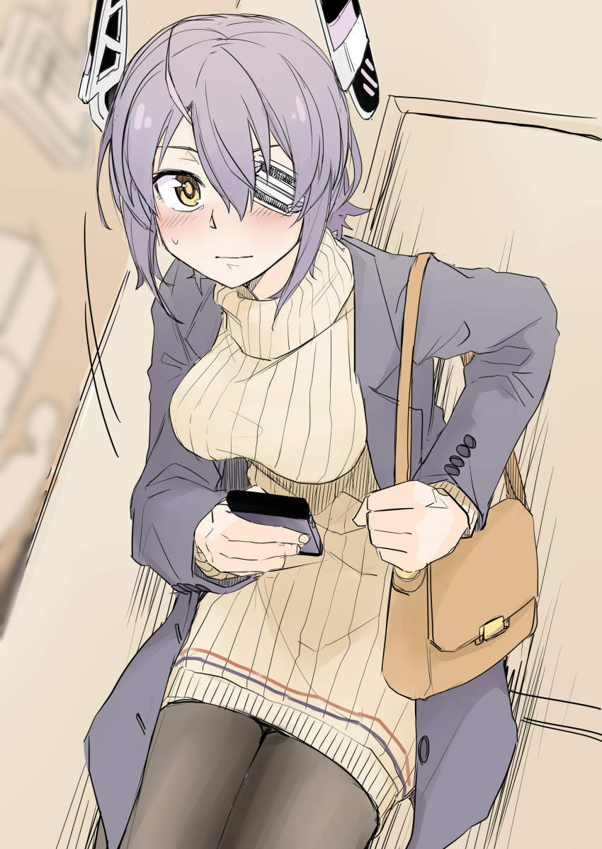 1girl absurdres bag blush casual cellphone dress earrings eyepatch handbag headgear highres jacket jewelry kantai_collection looking_at_viewer phone purple_hair ribbed_dress short_hair smartphone sweat sweater tadd_(tatd) tenryuu_(kantai_collection) turtleneck turtleneck_sweater yellow_eyes