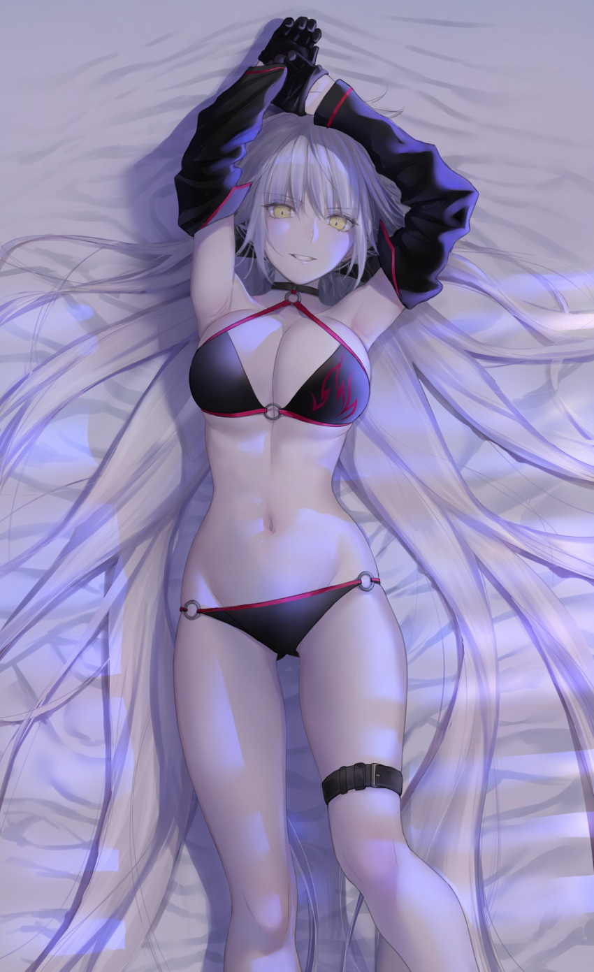 1girl absurdres ahoge arms_up bed bed_sheet bikini black_bikini black_choker black_gloves black_jacket breasts choker cleavage commentary_request cropped_jacket eyebrows_visible_through_hair fate/grand_order fate_(series) gloves highres jacket jeanne_d'arc_(alter_swimsuit_berserker) jeanne_d'arc_(fate)_(all) large_breasts long_hair lying navel nipi27 o-ring o-ring_bottom o-ring_top on_back shrug_(clothing) smile solo swimsuit thigh_strap white_hair yellow_eyes