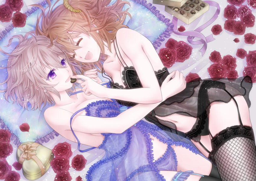 2girls arm_around_waist babydoll black_legwear black_panties blue_panties box breasts chocolate chocolate_heart cleavage closed_eyes collarbone eyebrows_visible_through_hair fate/grand_order fate_(series) feeding flower frilled_panties frills fujimaru_ritsuka_(female) garter_belt garter_straps happy heart heart-shaped_box lace lace-trimmed_legwear lace-trimmed_panties large_breasts lingerie looking_at_another lying mash_kyrielight multiple_girls navel on_side open_mouth panties pillow plughost rose scrunchie side_ponytail stomach strap_slip thigh_scrunchie underwear valentine violet_eyes yuri