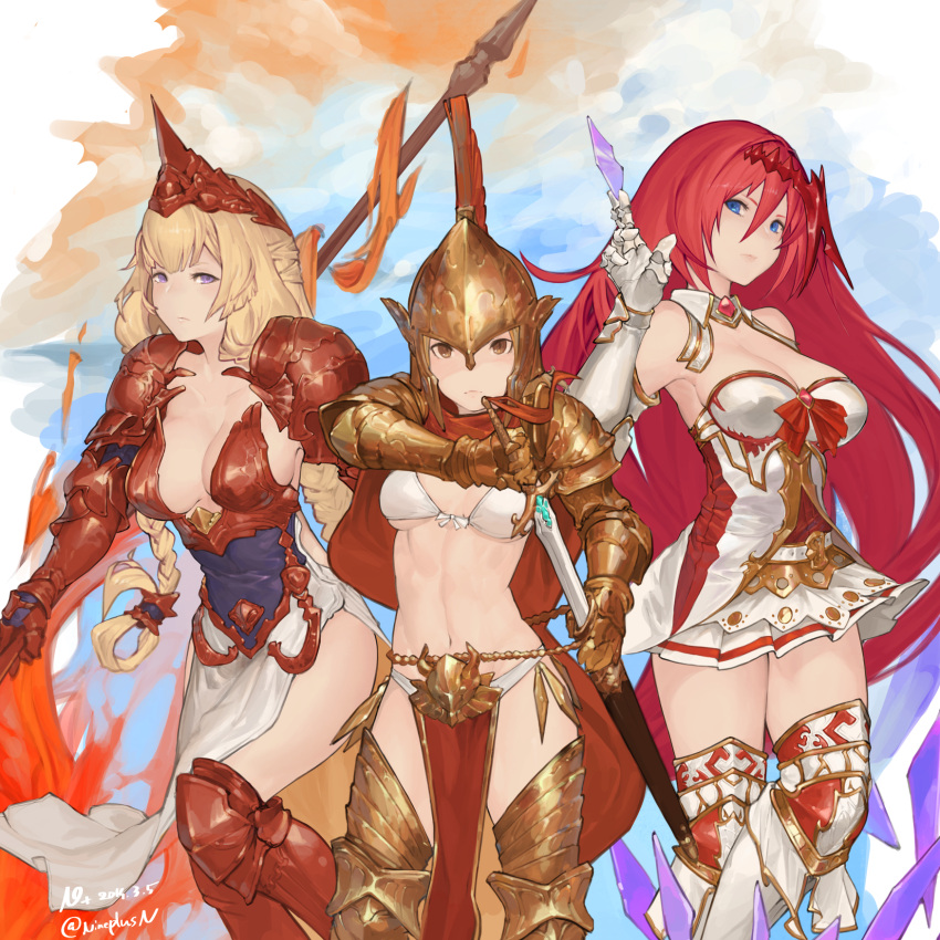 3girls armor armored_boots athena_(granblue_fantasy) bare_shoulders blonde_hair blue_eyes boots braid breasts brown_eyes cape cleavage collarbone commentary_request dated djeeta_(granblue_fantasy) drawing_sword fire gauntlets godguard_brodia granblue_fantasy hair_between_eyes hair_ornament helmet highres large_breasts long_hair looking_at_viewer medium_breasts multiple_girls n9+ navel pelvic_curtain polearm redhead sheath signature skirt sparta_(granblue_fantasy) spear thigh-highs twin_braids twitter_username under_boob very_long_hair violet_eyes weapon