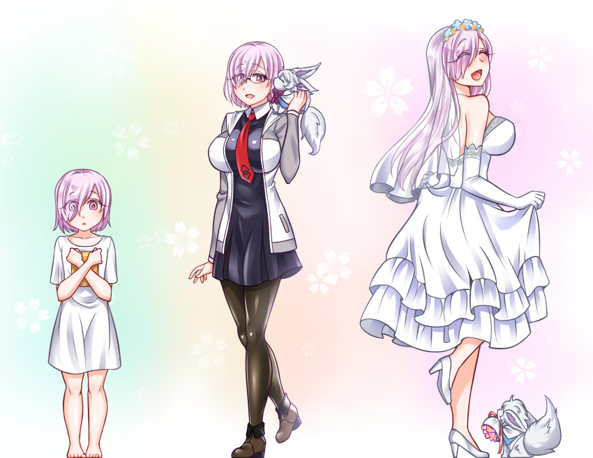 1girl alternate_hair_length alternate_hairstyle black_dress black_legwear bouquet breasts bridal_veil bride dress eyes_visible_through_hair fate/grand_order fate_(series) flower fou_(fate/grand_order) glasses hair_over_one_eye highres jacket large_breasts lavender_hair long_hair looking_at_viewer mabo-udon mash_kyrielight necktie older open_mouth pantyhose short_hair smile solo veil violet_eyes wedding_dress white_dress younger