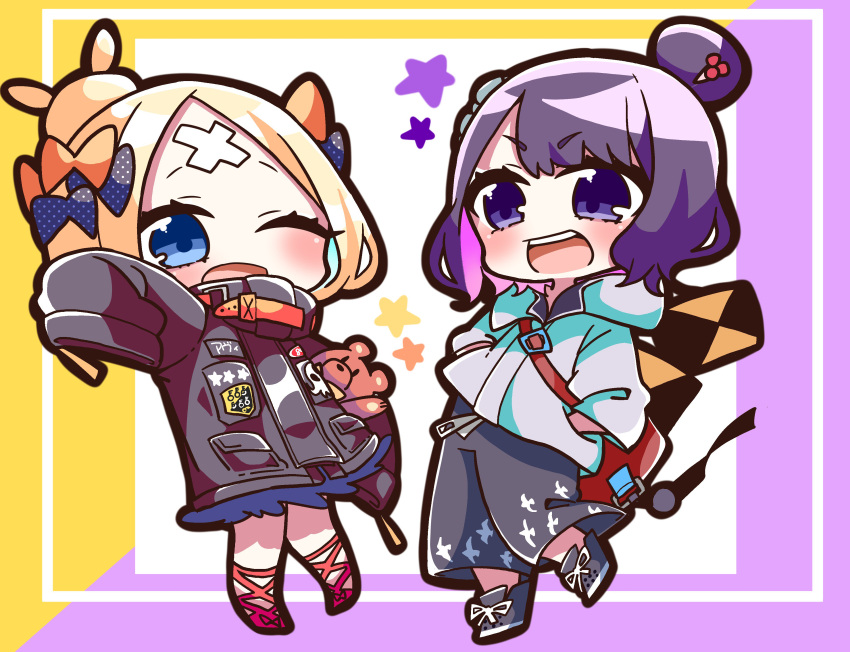 2girls ;d abigail_williams_(fate/grand_order) absurdres bag bangs black_bow black_footwear black_jacket black_pants blonde_hair blue_eyes blush bow chibi commentary_request crossed_bandaids fate/grand_order fate_(series) grey_jacket hair_bow hair_bun hair_ornament hands_in_pockets highres hood hood_down hooded_jacket jacket jako_(jakoo21) katsushika_hokusai_(fate/grand_order) long_sleeves multiple_girls object_hug one_eye_closed open_mouth orange_bow outstretched_arm pants parted_bangs polka_dot polka_dot_bow purple_hair red_footwear shoes shoulder_bag sleeves_past_fingers sleeves_past_wrists smile standing standing_on_one_leg star stuffed_animal stuffed_toy teddy_bear violet_eyes zipper_pull_tab