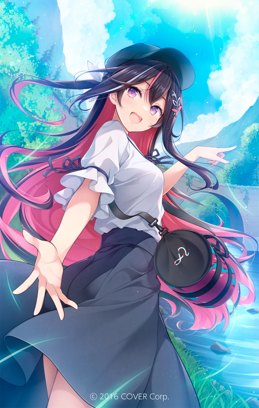 1girl :d azki_(4th_costume)_(hololive) azki_(hololive) bag baseball_cap black_hair blouse clouds colored_inner_hair company_name copyright_name duffel_bag hair_between_eyes hair_ornament hairclip hat high-waist_skirt highres hololive long_hair matsuuni multicolored_hair official_art open_mouth outstretched_hand pink_hair river shirt skirt sky smile solo streaked_hair tree very_long_hair virtual_youtuber white_hair white_shirt