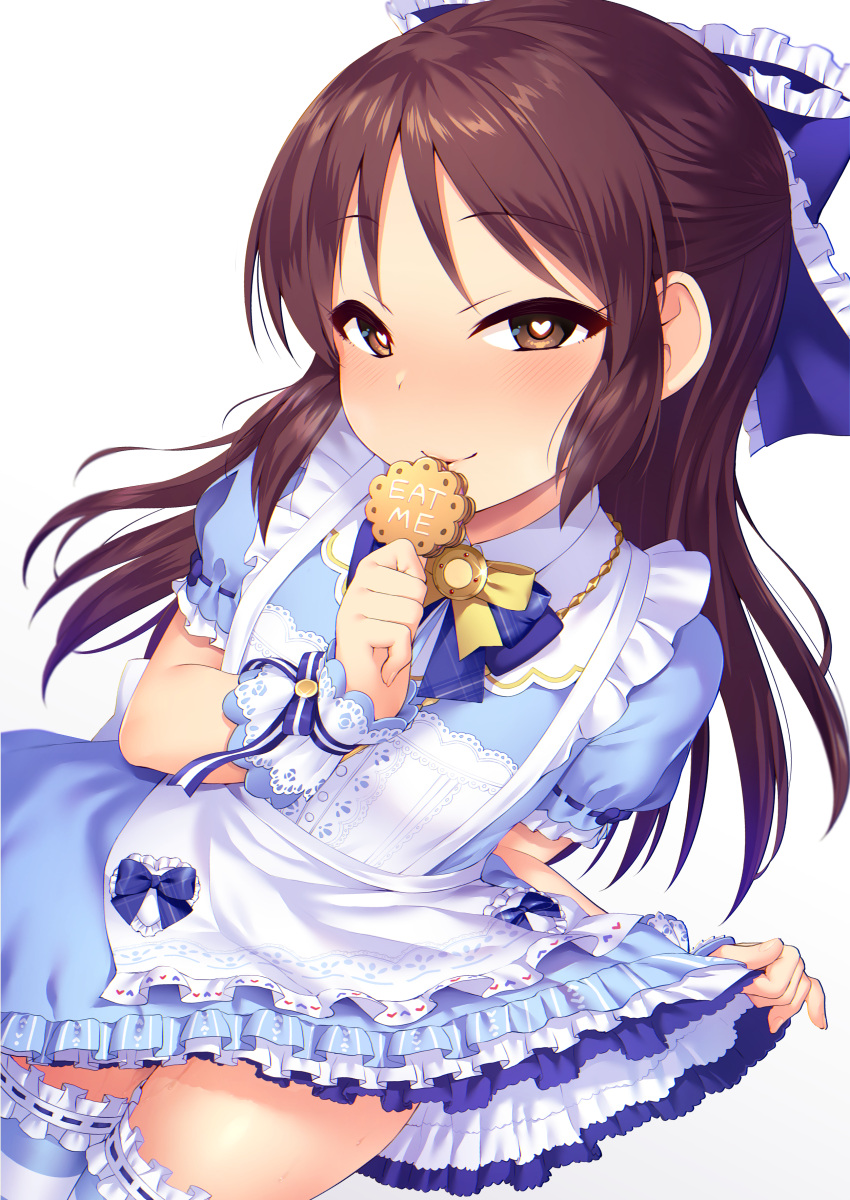 1girl absurdres apron blue_bow blush bow bowtie breasts brown_eyes brown_hair commentary cookie dot_nose dress dress_pull eat_me eyebrows_visible_through_hair food frills hair_bow hair_ornament heart heart-shaped_pupils highres idolmaster idolmaster_cinderella_girls idolmaster_cinderella_girls_starlight_stage light_blue_dress long_hair looking_at_viewer puffy_short_sleeves puffy_sleeves satou_kuuki seductive_smile short_sleeves simple_background small_breasts smile solo symbol-shaped_pupils tachibana_arisu thigh-highs white_apron white_background white_legwear wrist_cuffs yellow_neckwear