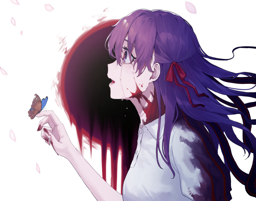 1girl blood blood_on_face bloody_clothes blush breasts bug butterfly collarbone crying dress eyebrows_visible_through_hair fate/stay_night fate_(series) hair_between_eyes hair_ribbon hakisou heaven's_feel highres insect long_hair matou_sakura medium_breasts purple_hair red_ribbon ribbon solo upper_body violet_eyes white_dress