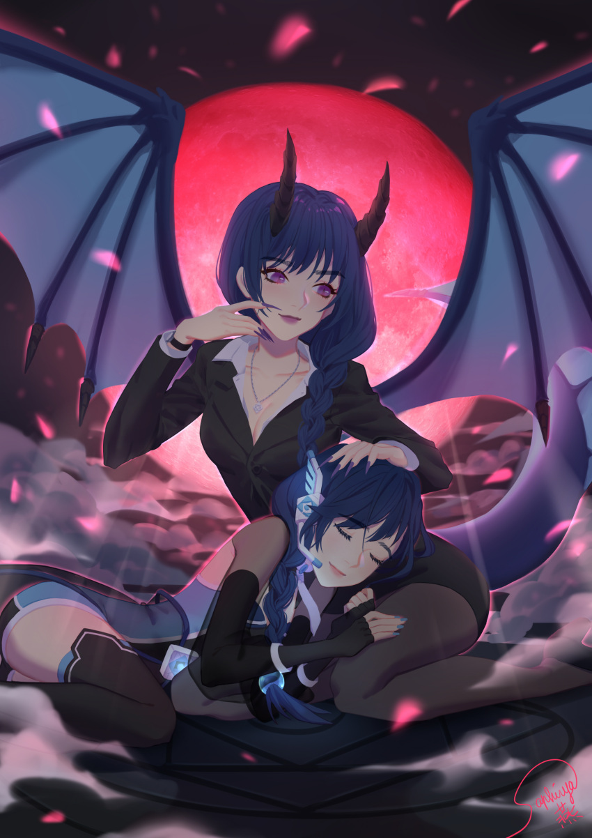2girls absurdres alter/ego alys blue_hair blue_nails braid breasts claws cleavage dragon_horn dragon_tail dragon_wings highres lipstick makeup moon multiple_girls nail_polish purple_lips purple_lipstick purple_nails red_moon saphirya single_braid tail violet_eyes voxwave wings