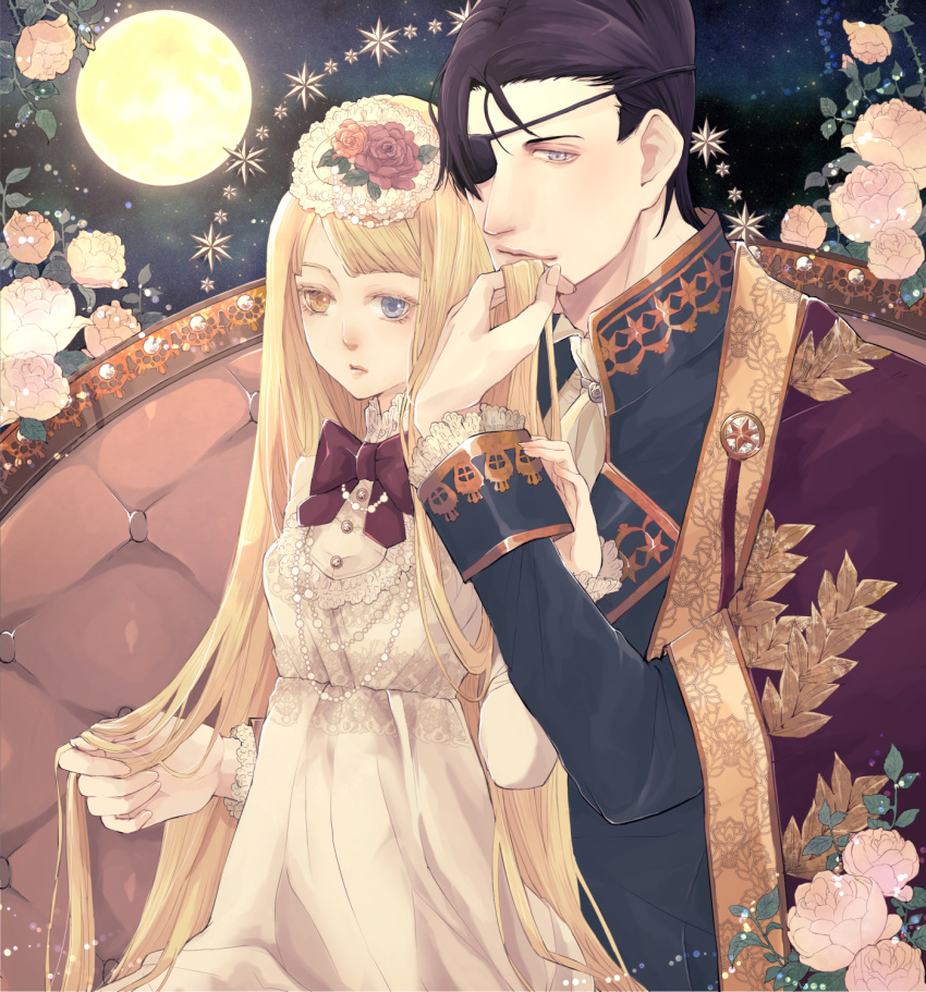 1boy 1girl age_difference arikawa_anri black_hair blonde_hair bow brown_eyes couch dress eyepatch flower full_moon gold_trim grey_eyes hair_flower hair_ornament hand_in_another's_hair hand_up hetero heterochromia highres jewelry lace long_hair long_sleeves looking_at_viewer moon necklace night night_sky original princess sky very_long_hair white_dress white_neckwear