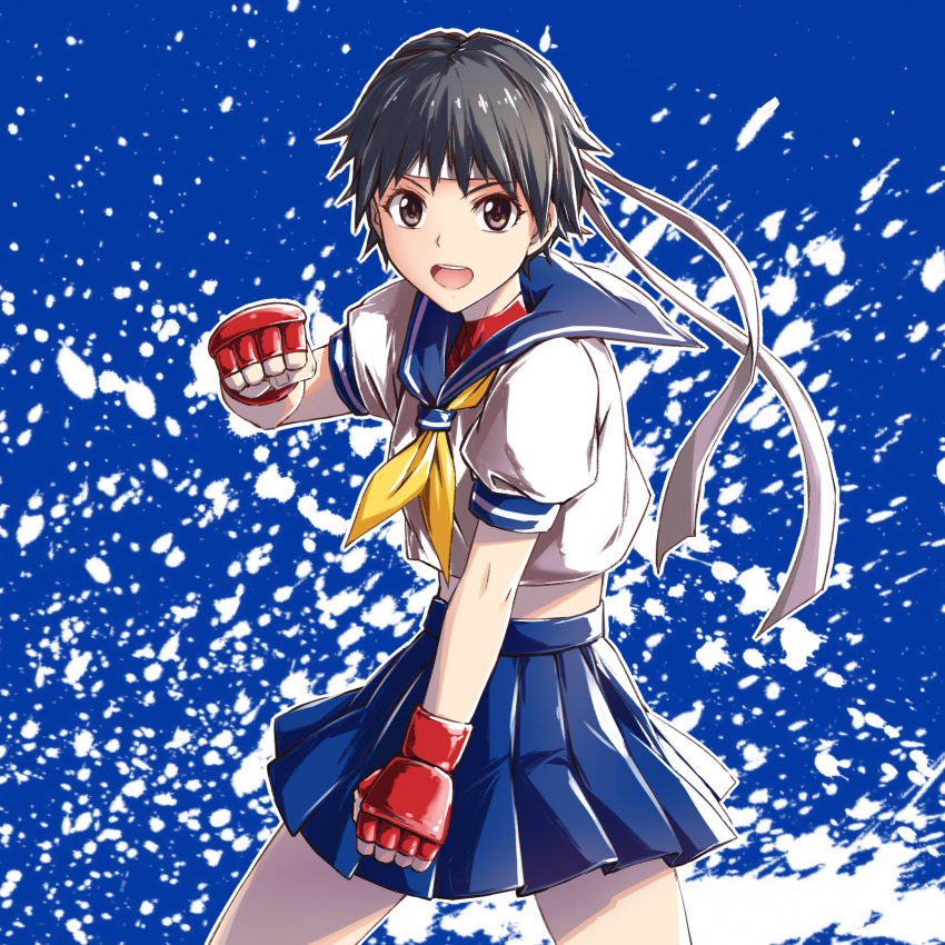 1girl a4typhoon black_hair blue_sailor_collar cowboy_shot eyebrows_visible_through_hair fighting_stance fingerless_gloves gloves headband highres kasugano_sakura legs_apart looking_at_viewer open_mouth paint_splatter pleated_skirt sailor_collar school_uniform serafuku short_hair skirt solo street_fighter