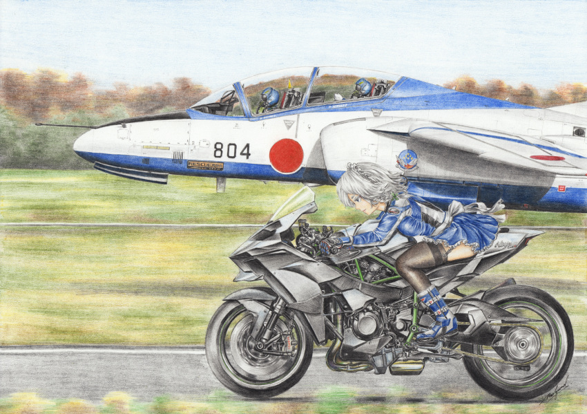 1girl 2others aircraft ambiguous_gender black_legwear blue_eyes blue_footwear blue_gloves blue_sky boots braid colored_pencil_(medium) commentary_request day expressionless frilled_skirt frills garter_straps gloves ground_vehicle helmet izayoi_sakuya japan_air_self-defense_force japan_self-defense_force kawasaki kawasaki_h2r long_sleeves looking_to_the_side maid_headdress military motion_blur motor_vehicle motorcycle multiple_others outdoors profile road rpracing short_hair silver_hair skirt sky t-4 thigh-highs touhou traditional_media twin_braids