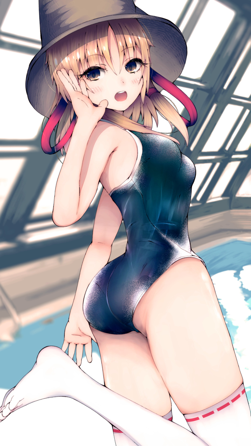 1girl ass barefoot blonde_hair blue_swimsuit blush breasts competition_school_swimsuit darumoon from_behind hat highres indoors looking_at_viewer looking_back medium_breasts medium_hair moriya_suwako open_mouth rei_no_pool round_teeth school_swimsuit sidelocks solo swimsuit teeth thigh-highs thighs touhou upper_teeth white_legwear yellow_eyes