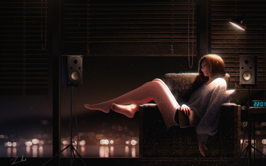 1girl alarm_clock armchair artist_name barefoot blurry bokeh brown_hair chair clock depth_of_field dust_particles error from_side indoors lamp legs long_hair night original realistic shorts signature sitting solo speaker sweater tamaki_(tamaki_illust) window window_shade