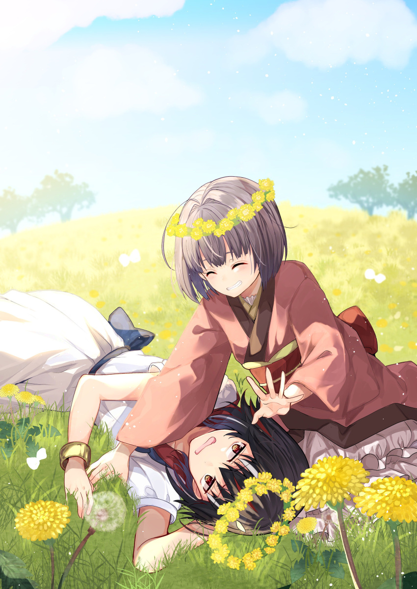 2girls ^_^ absurdres ahoge arm_up bangs black_hair blue_neckwear blue_sash blue_sky blush bracelet closed_eyes closed_eyes clouds collarbone commentary_request dandelion day dress facing_another fang flower flower_wreath grass grin hair_intakes highres horns japanese_clothes jewelry kijin_seija kimono leaf light_particles long_sleeves lying mimoto_(aszxdfcv) multicolored_hair multiple_girls no_hat no_headwear on_side open_mouth outdoors petticoat purple_hair red_eyes red_kimono red_sailor_collar redhead sailor_collar sash short_hair short_sleeves sitting sky smile streaked_hair sukuna_shinmyoumaru touhou tree white_dress white_hair wide_sleeves yellow_flower