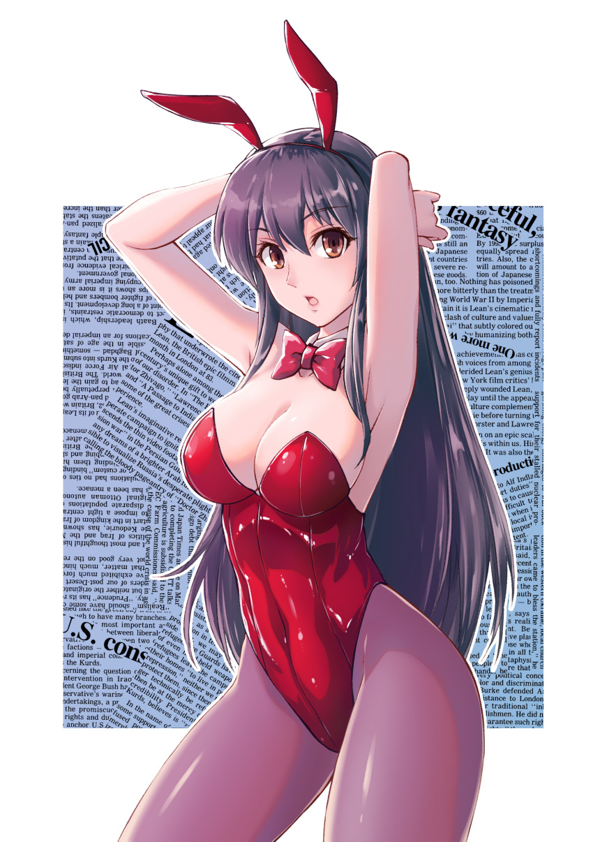 1girl a4typhoon absurdres animal_ears armpits arms_behind_head arms_up bare_shoulders black_hair breasts brown_eyes bunny_girl bunnysuit cleavage detached_collar fake_animal_ears graphite_(medium) highres large_breasts long_hair looking_at_viewer open_mouth original pantyhose rabbit_ears solo standing traditional_media