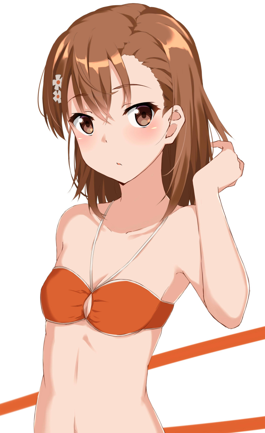 1girl absurdres arm_behind_back arm_up armpits bangs bare_arms bare_shoulders bikini bikini_top blush breasts brown_eyes brown_hair closed_eyes closed_mouth collarbone commentary_request eyebrows_visible_through_hair flower hair_flower hair_ornament highres kohakope looking_at_viewer medium_hair misaka_mikoto orange_bikini simple_background small_breasts solo swimsuit to_aru_kagaku_no_railgun to_aru_majutsu_no_index two-tone_background upper_body white_background