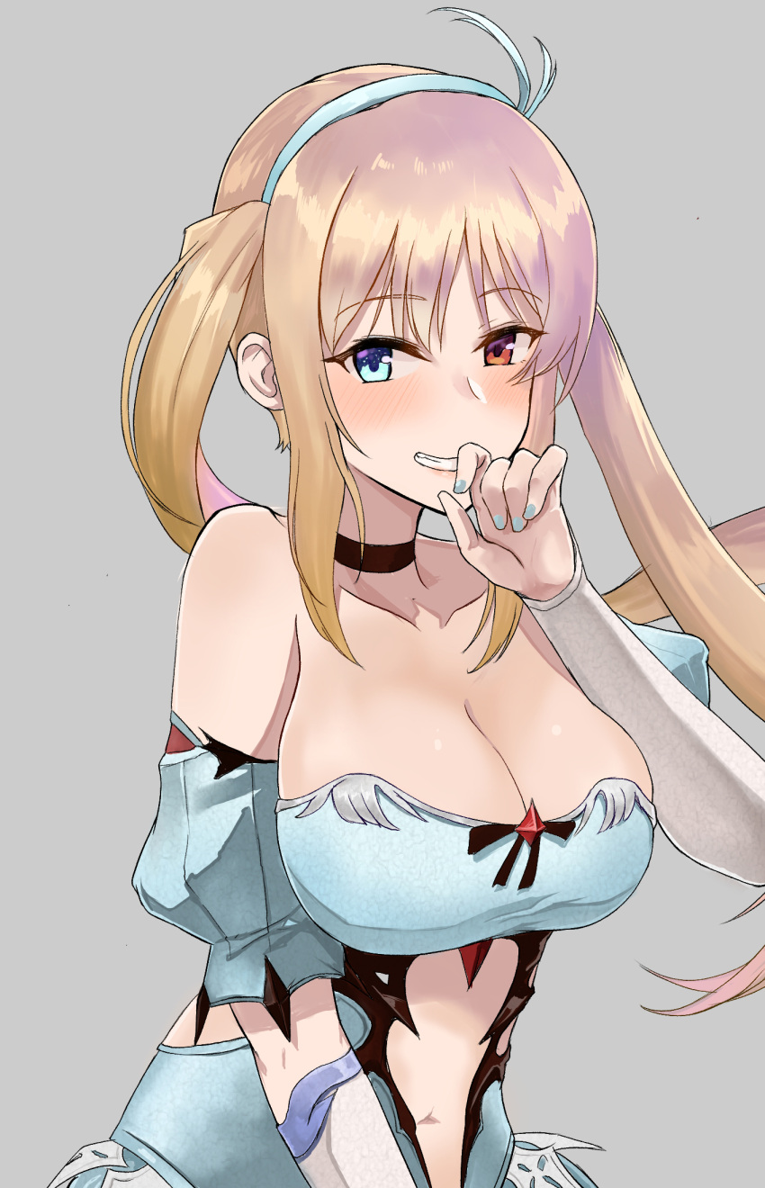1girl bangs bare_shoulders black_choker blonde_hair blue_dress blue_eyes blue_hairband blue_nails blush breasts center_opening choker cleavage commission covering_mouth detached_sleeves dress eyebrows_visible_through_hair grey_background grin hairband heterochromia highres jjeono large_breasts long_hair looking_at_viewer nail_polish navel navel_cutout nose_blush puffy_short_sleeves puffy_sleeves red_eyes revealing_clothes ruri_(seven_knights) seven_knights short_sleeves smile solo strapless strapless_dress twintails upper_body