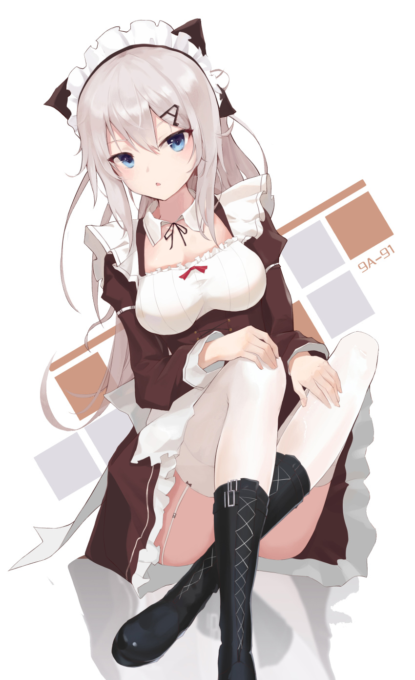 1girl 9a-91_(girls_frontline) absurdres ankle_boots ass bangs black_bow black_dress black_footwear blue_eyes boots bow breasts commentary cross-laced_footwear dress eyebrows_visible_through_hair frilled_dress frills garter_straps girls_frontline hair_between_eyes hair_bow hair_ornament hairclip highres juliet_sleeves knees_up long_hair long_sleeves looking_at_viewer maid maid_headdress medium_breasts parted_lips puffy_sleeves revision serika sidelocks silver_hair sitting taut_clothes thigh-highs underbust white_bow white_legwear