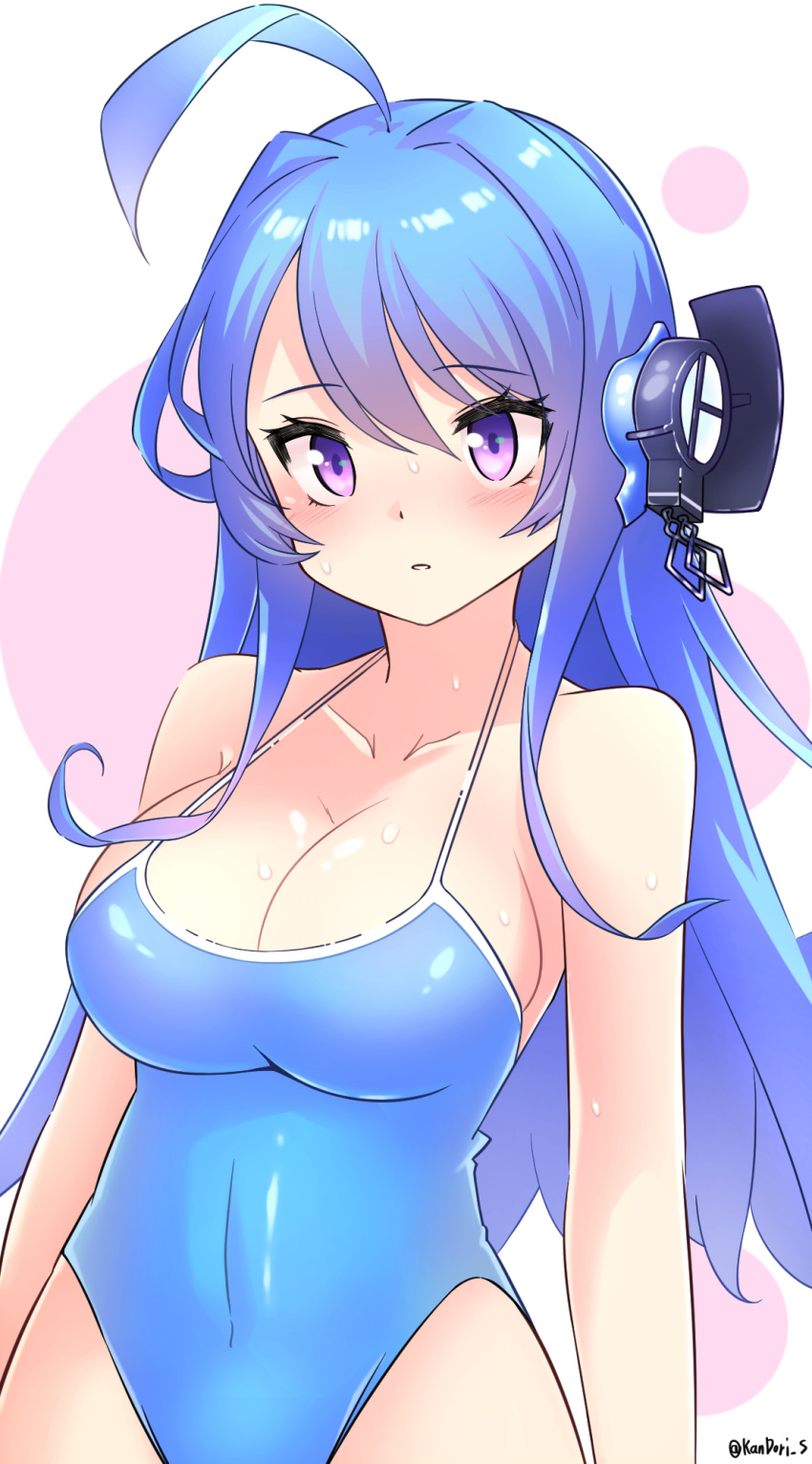 1girl alternate_breast_size antenna_hair azur_lane bare_shoulders blue_hair blue_swimsuit blush breasts cleavage collarbone competition_swimsuit covered_navel cowboy_shot dotted_background eyebrows_visible_through_hair hair_between_eyes hair_ornament helena_(azur_lane) highres kandori large_breasts long_hair looking_at_viewer one-piece_swimsuit open_mouth sideboob smile standing sweat swimsuit twitter_username very_long_hair violet_eyes white_background