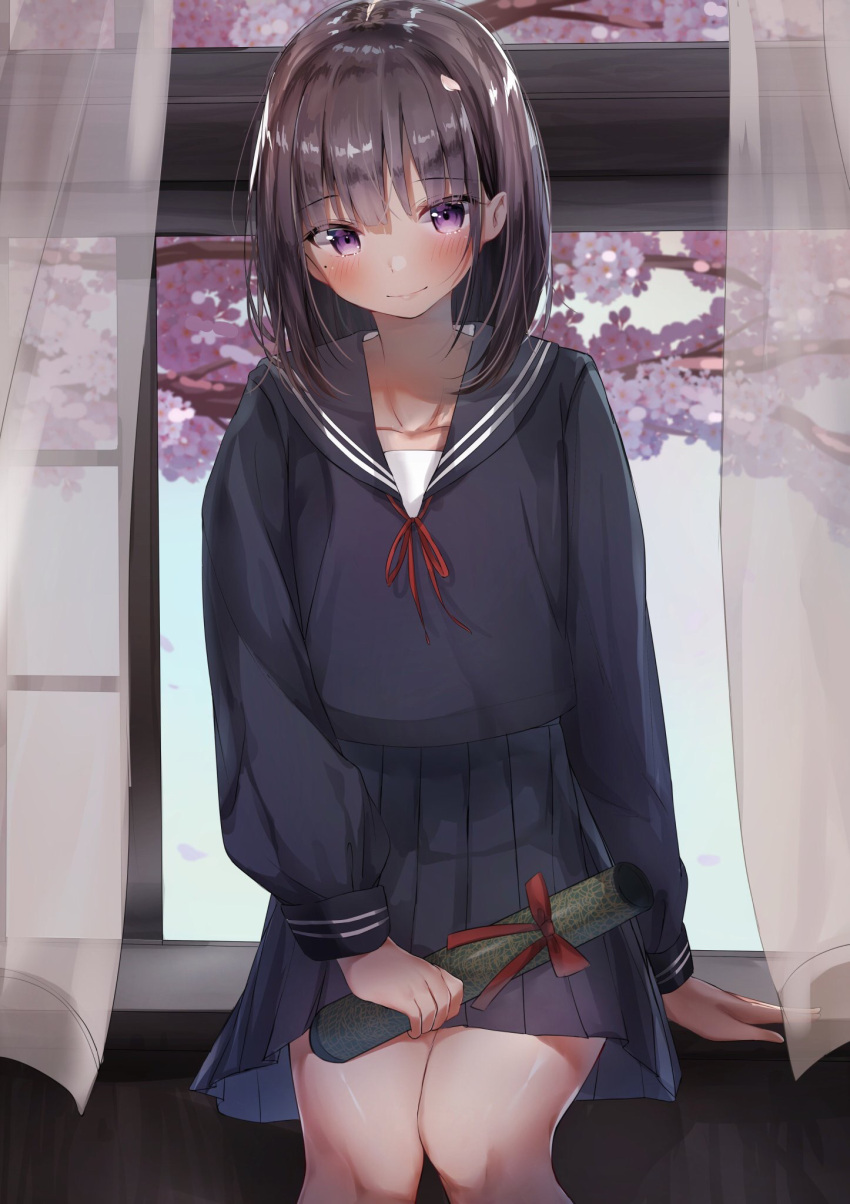 1girl black_hair black_sailor_collar black_shirt black_skirt blurry blush cherry_blossoms closed_mouth collarbone commentary_request curtains day depth_of_field highres holding indoors long_hair long_sleeves looking_at_viewer mochi_nabe mole mole_under_eye original pleated_skirt red_neckwear red_ribbon ribbon sailor_collar school_uniform serafuku shirt sidelocks sitting skirt smile solo tree violet_eyes window
