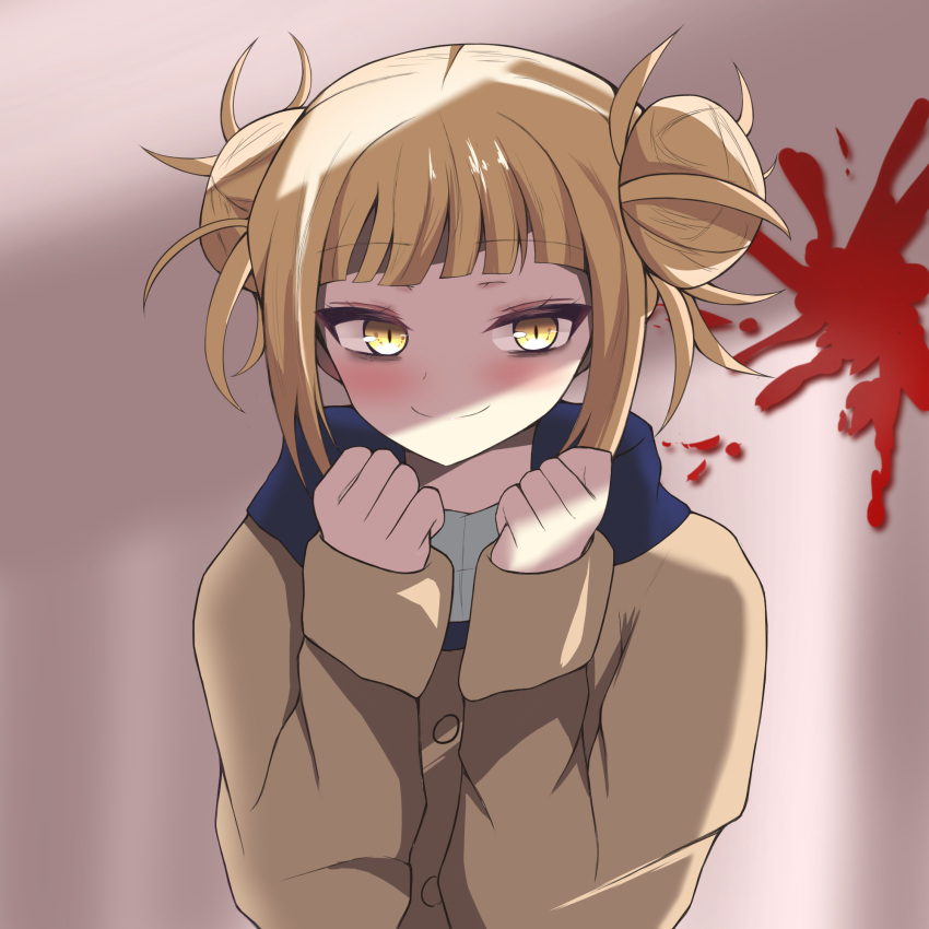 1girl bangs blonde_hair blood blunt_bangs blurry blurry_background blush boku_no_hero_academia cardigan commentary_request double_bun eyebrows_visible_through_hair face highres long_sleeves looking_at_viewer luimia messy_hair scarf school_uniform serafuku short_hair simple_background smile solo toga_himiko yellow_eyes