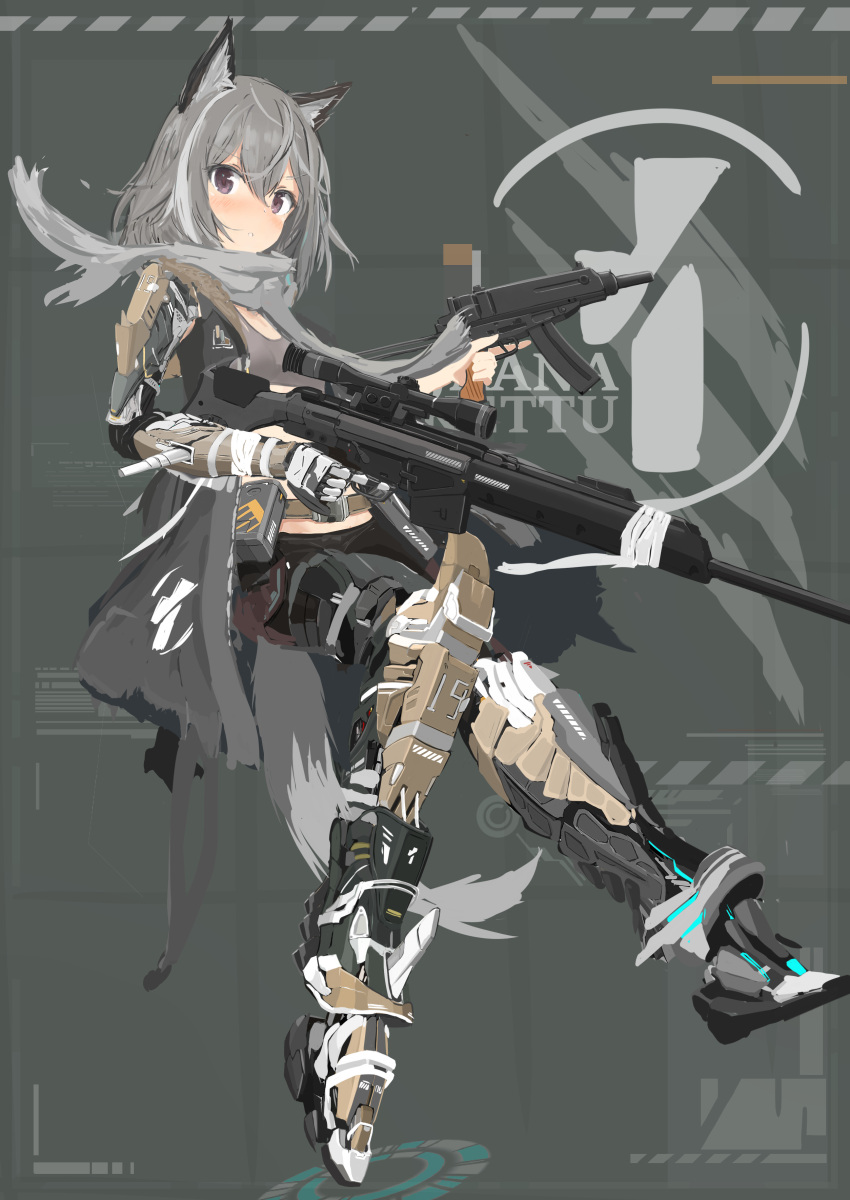 1girl absurdres animal_ears bandages blush character_name coat dual_wielding floating fox_ears grey_hair gun hair_strand highres holding holding_gun holding_weapon jaana_kettu mechanical_arms mechanical_legs midriff open_clothes open_coat original scarf short_hair simple_background single_mechanical_arm solo tail turkeysand_(fernandear_504) weapon weapon_request