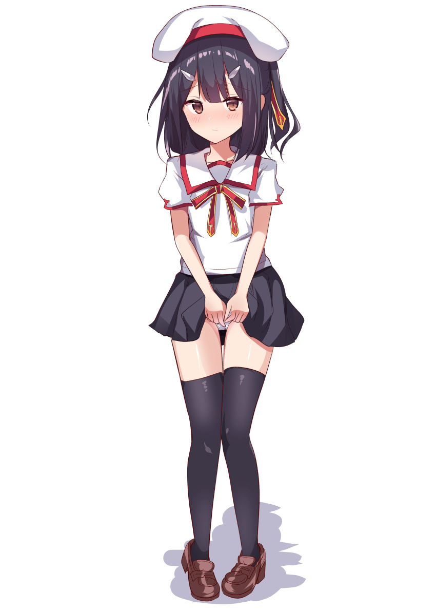 1girl absurdres bangs beret black_hair black_legwear black_skirt blush brown_eyes brown_footwear closed_mouth collarbone collared_shirt commentary_request eyebrows_visible_through_hair fate/kaleid_liner_prisma_illya fate_(series) full_body hair_between_eyes hair_ornament hairclip hat highres homurahara_academy_uniform lifted_by_self loafers looking_at_viewer miyu_edelfelt natsu_(sinker8c) one_side_up panties pigeon-toed pleated_skirt puffy_short_sleeves puffy_sleeves shadow shirt shoes short_sleeves skirt skirt_lift solo standing thigh-highs thigh_gap underwear white_background white_hat white_panties white_shirt