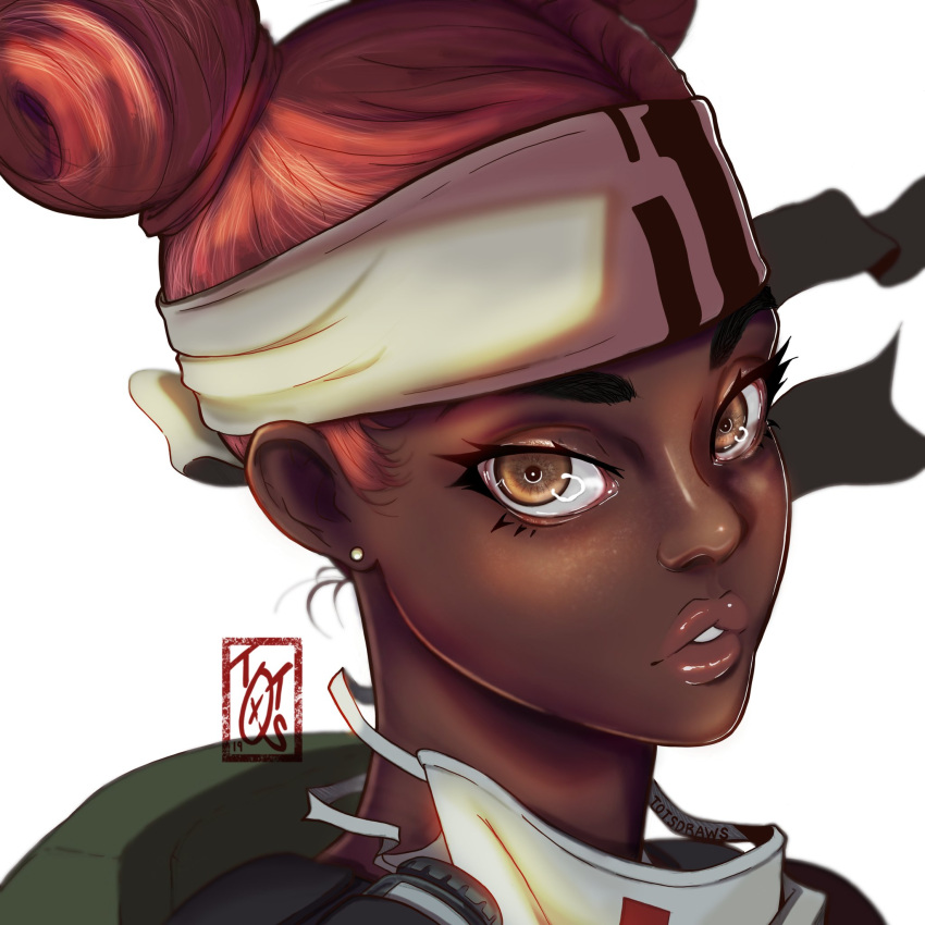 1girl 2019 apex_legends artist_name backpack bag bare_shoulders brown_eyes charles_vaughn commentary dark_skin dated double_bun earrings eyebrows eyelashes face headband highres jewelry lifeline_(apex_legends) lips mask_around_neck nose redhead simple_background stud_earrings teeth white_background