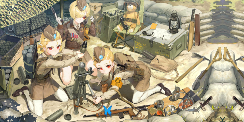 3girls ammunition armband backpack bag belt_pouch bipod blonde_hair bug butterfly combat_knife compass dixie_cup_hat food girls_frontline gun hair_over_eyes hat helmet highres holding insect kneeling knife lamp medal military military_hat military_uniform mortar_(weapon) mortar_shell multiple_girls official_art pantyhose pickaxe pouch red_eyes rifle sandbag short_hair shovel stuffed_animal stuffed_toy teddy_bear uniform walkie-talkie weapon white_legwear wooden_box