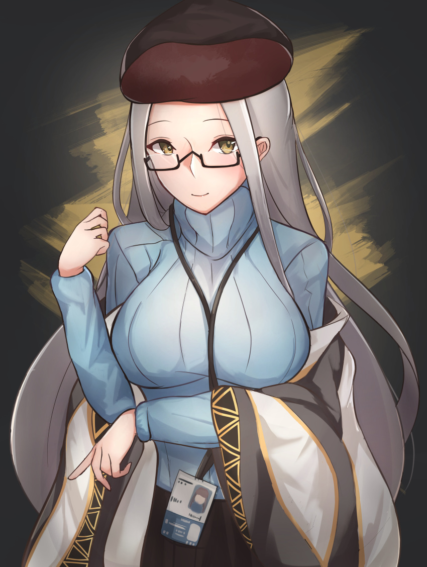 1girl absurdres azur_lane blush breasts brown_eyes collared_dress commentary_request dress glasses grey_hair hair_ornament hat highres large_breasts long_hair long_sleeves looking_at_viewer ribbed_sweater semi-rimless_eyewear shangri-la_(azur_lane) smile solo sweater turtleneck yusha_(m-gata)