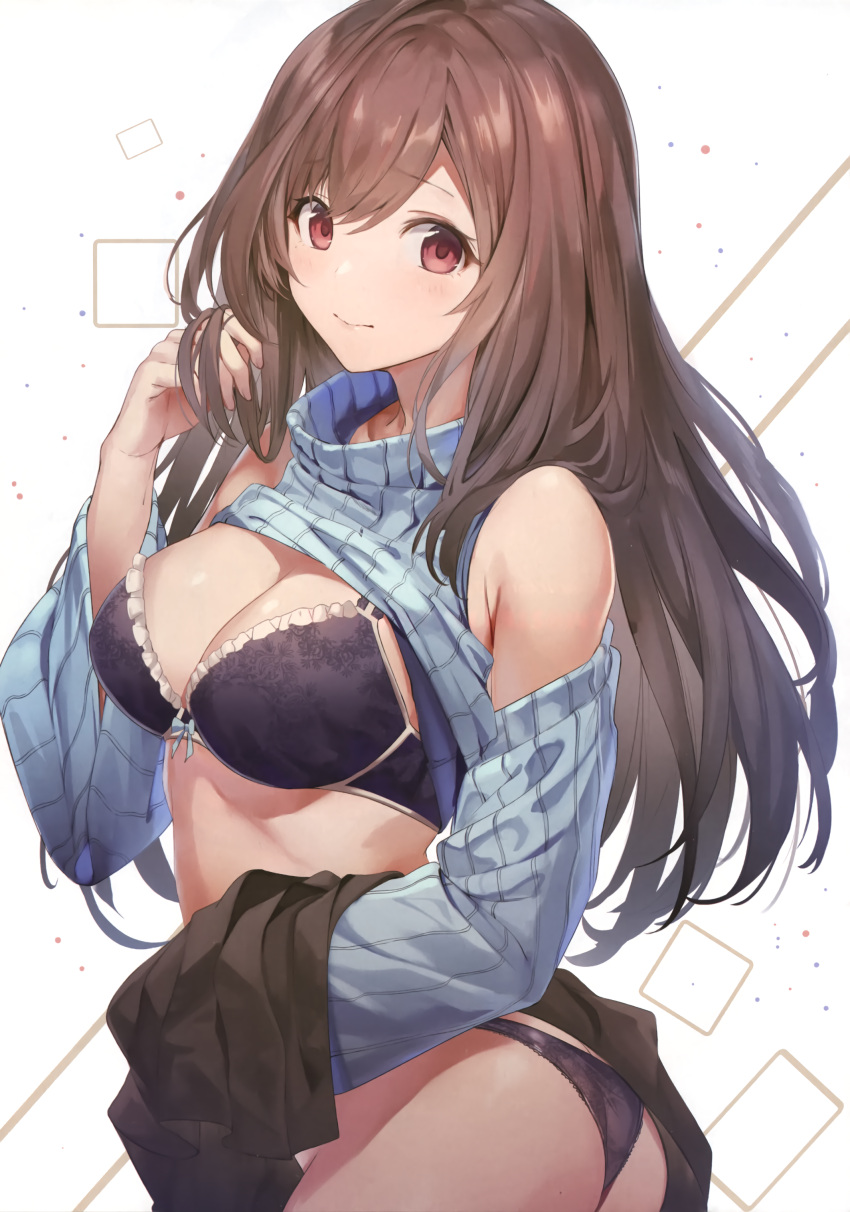 1girl absurdres ass bangs black_skirt blue_bra blue_panties blue_sweater blush bra breasts brown_eyes brown_hair cleavage closed_mouth clothes_lift hand_in_hair highres hip_focus idolmaster idolmaster_shiny_colors large_breasts long_hair long_sleeves looking_at_viewer panties ribbed_sweater scan shoulder_cutout skirt skirt_lift sola_(solo0730) solo sweater sweater_lift swept_bangs tsukioka_kogane turtleneck turtleneck_sweater underwear white_background