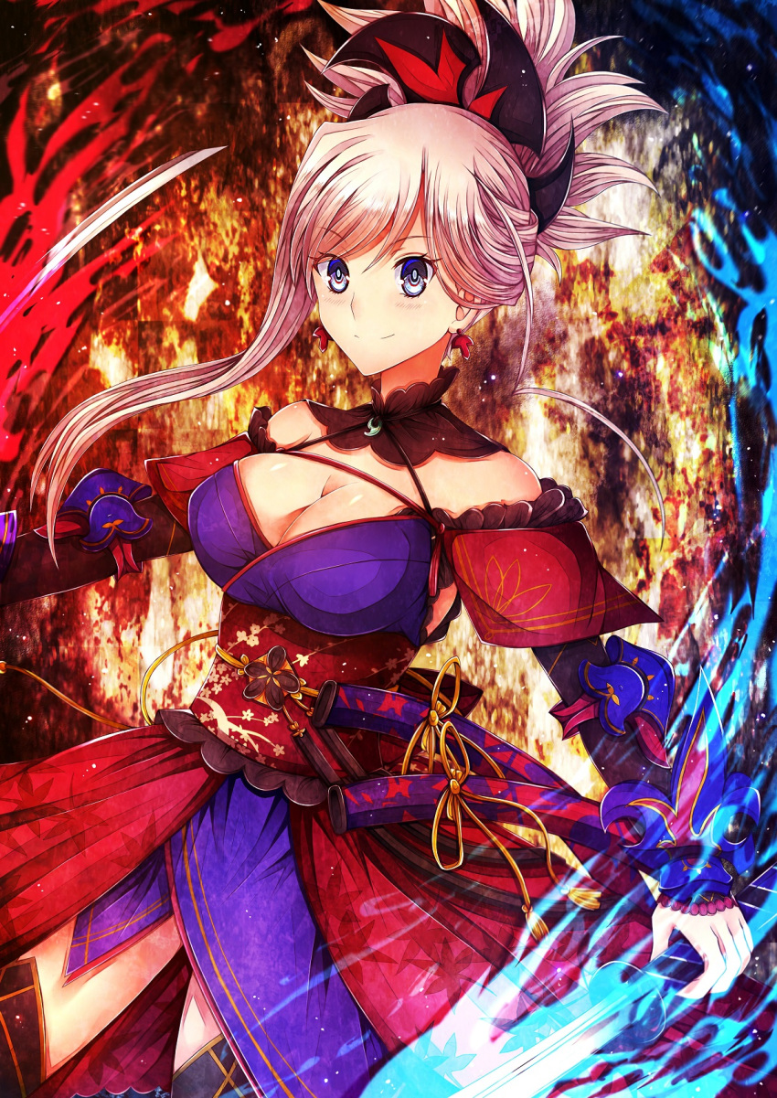 1girl asymmetrical_hair black_legwear blue_eyes blue_kimono breasts cleavage detached_sleeves dual_wielding earrings fate/grand_order fate_(series) hair_ornament highres holding holding_sword holding_weapon japanese_clothes jewelry katana kimono large_breasts miyamoto_musashi_(fate/grand_order) obi pink_hair ponytail sash short_kimono sleeveless sleeveless_kimono soda_(sodachuxd) solo sword thigh-highs weapon