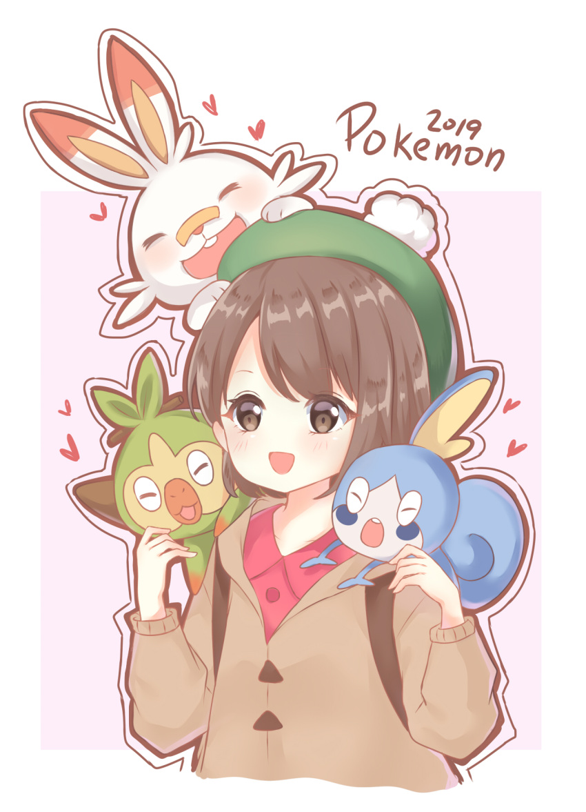 1girl 2019 :d bangs blush brown_eyes brown_hair brown_jacket closed_eyes collared_shirt commentary_request copyright_name creatures_(company) cropped_torso eyebrows_visible_through_hair facing_viewer female_protagonist_(pokemon_swsh) game_freak gen_8_pokemon green_hat grookey hat heart highres jacket light_(luxiao_deng) long_sleeves looking_at_viewer nintendo open_mouth outline pink_background pokemon pokemon_(creature) pokemon_(game) pokemon_swsh red_shirt scorbunny shirt smile sobble tam_o'_shanter two-tone_background upper_body white_background