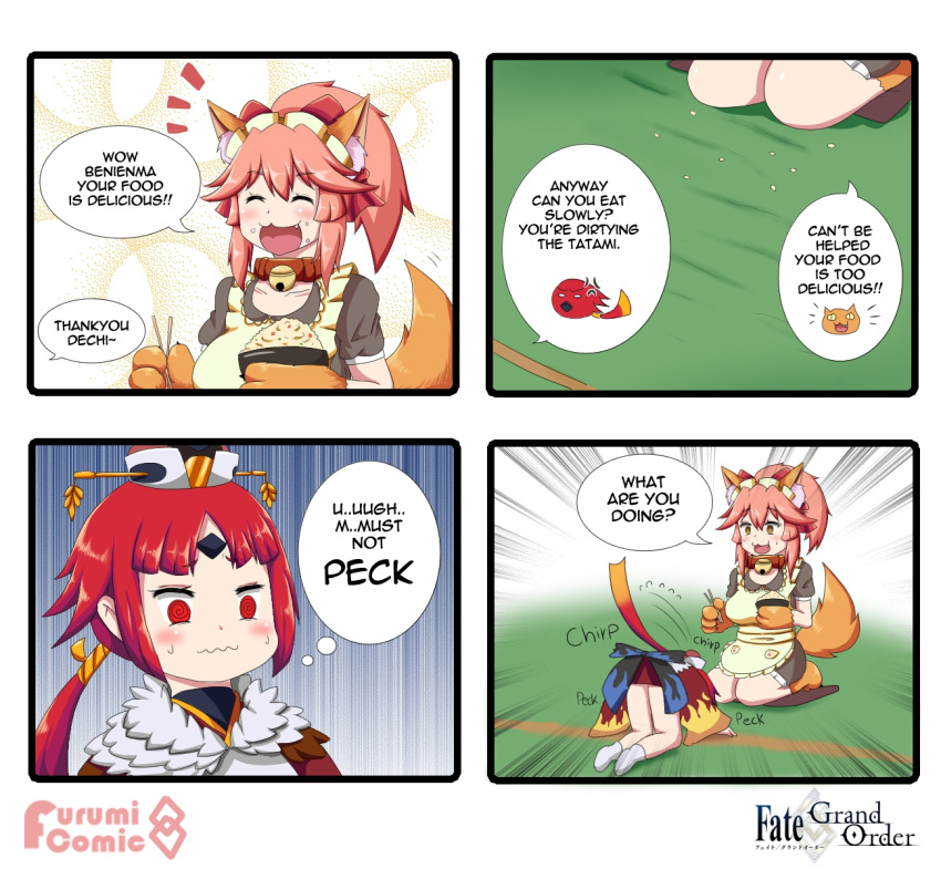 2girls 4koma animal_ear_fluff animal_ears apron bangs bell bell_collar benienma_(fate/grand_order) blush cat_paws collar comic english_text fangs fate/grand_order fate_(series) fox_ears fox_girl fox_tail gloves hat highres japanese_clothes jingle_bell keita_naruzawa long_hair long_sleeves low_ponytail maid_headdress multiple_girls parted_bangs paw_gloves paw_shoes paws pink_hair ponytail red_eyes redhead shoes tail tamamo_(fate)_(all) tamamo_cat_(fate) wide_sleeves