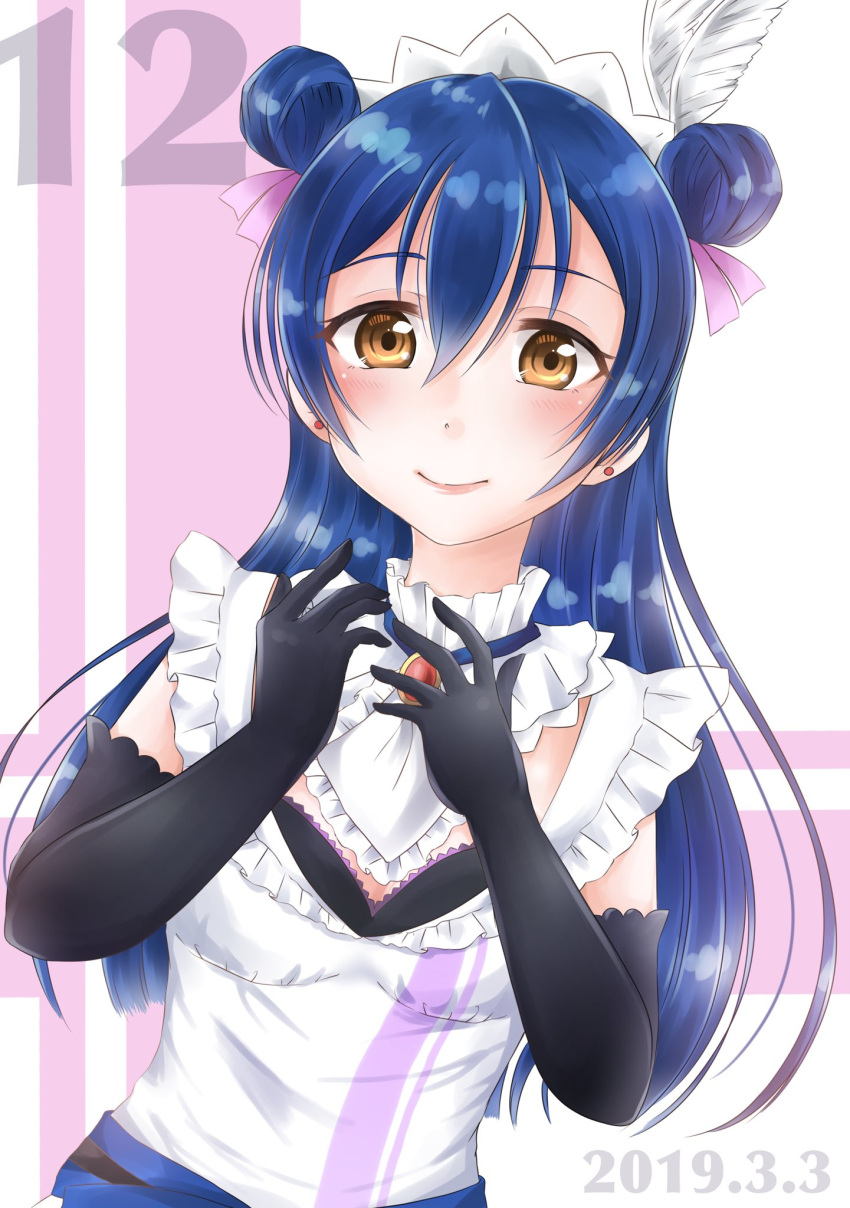 1girl arms_up bangs black_gloves blue_hair blush commentary_request dated detached_collar double_bun earrings elbow_gloves eyebrows_visible_through_hair gloves hair_between_eyes highres jewelry long_hair looking_at_viewer love_live! love_live!_school_idol_project maid maid_headdress mogyutto_"love"_de_sekkin_chuu! rin5325 smile solo sonoda_umi upper_body yellow_eyes