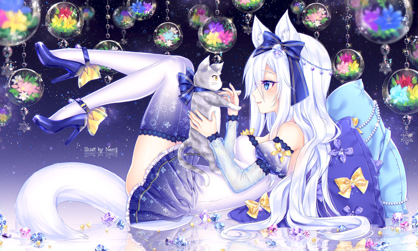 1girl animal animal_ear_fluff animal_ears bare_shoulders blue_bow blue_eyes blue_flower blush bow breasts brown_eyes cat cat_ears cat_girl cat_tail commentary detached_sleeves dress english_commentary flower gem gradient gradient_dress gradient_legwear hair_bow high_heels juliet_sleeves legs_up long_hair long_sleeves lying medium_breasts natsumii_chan on_back original parted_lips pillow pink_flower profile puffy_sleeves purple_dress purple_footwear purple_legwear reflection shoes signature silver_hair sleeves_past_wrists smile solo strapless strapless_dress tail thigh-highs very_long_hair white_dress white_flower white_legwear white_sleeves yellow_bow