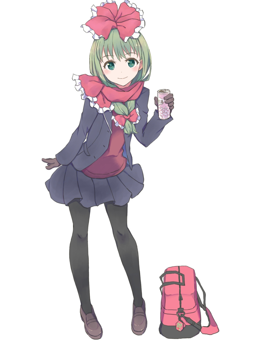 1girl alternate_costume aqua_eyes bag bag_charm black_jacket black_legwear black_skirt blazer blush bow brown_footwear brown_gloves can charm_(object) closed_mouth frilled_bow frilled_scarf frills front_ponytail full_body gloves green_hair hair_ribbon highres holding holding_can jack_(wkm74959) jacket kagiyama_hina loafers long_hair long_sleeves looking_at_viewer miniskirt open_clothes open_jacket pantyhose pleated_skirt red_bow red_scarf red_sweater ribbon scarf school_bag school_uniform shoes simple_background skirt smile soda_can solo standing sweater tareme touhou unbuttoned white_background