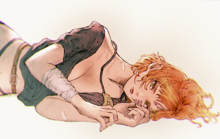 1girl absurdres bandage bandaged_arm bandages bangs belt belt_buckle breasts brown_belt buckle cleavage closed_mouth facial_mark final_fantasy final_fantasy_xiv forehead_mark green_eyes highres hyur kuroimori lips looking_at_viewer lying on_side orange_hair pink_lips short_hair solo