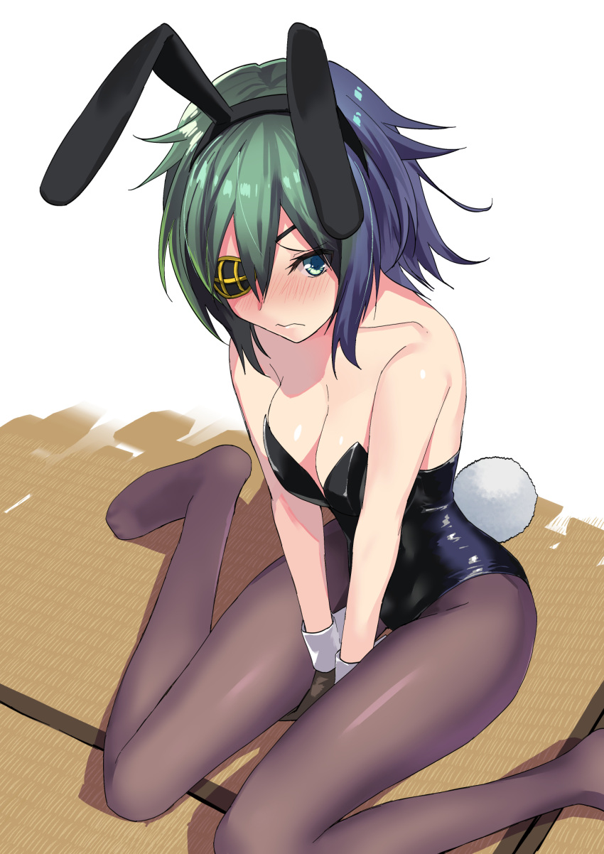 1girl animal_ears between_legs black_leotard blue_eyes blush breasts bunny_tail bunnysuit cleavage closed_mouth collarbone embarrassed eyepatch fake_animal_ears fake_tail gloves green_hair grey_gloves hand_between_legs highres kantai_collection kiso_(kantai_collection) leotard masukuza_j medium_breasts nose_blush pantyhose rabbit_ears remodel_(kantai_collection) short_hair sitting solo tail wariza wrist_cuffs